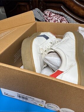 Dr. Scholl's White Athletic Sneakers with Red Heel and Gray Side Accent